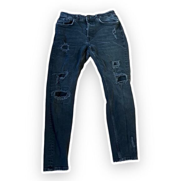 Zara Men's Blue Straight Leg Button Fly Ripped Jeans Size 32